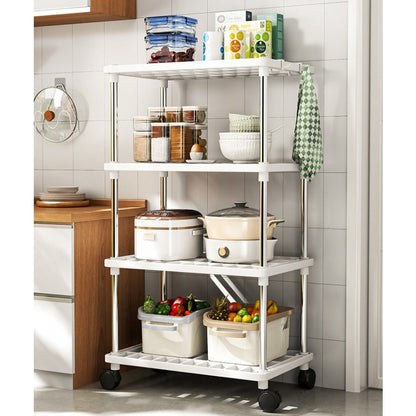 Rolling Storage Rack Organizer featuring Multiple Tiers, Constructed from Metal and Plastic, Easy to Move with Wheels, Ready to Use with No Assembly Needed, Ideal for Kitchen, Bathroom, Snacks, and Shoes Storage.