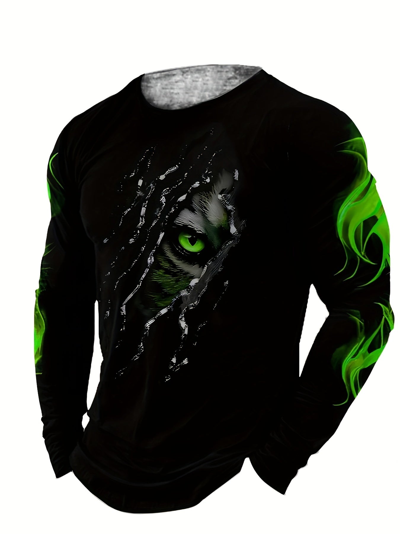 Men's slim fit long sleeve crew neck t-shirt with green eye and flame design, made of polyester knit with slight stretch and featuring animal pattern graphic tee.