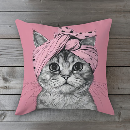 Reversible cat-themed throw pillow cover with pink turban design. Made of 100% polyester with zipper closure. Machine washable. Measures 45.72x45.72 cm. Perfect for bedroom, living room, and other rooms. 1pc, no insert included.