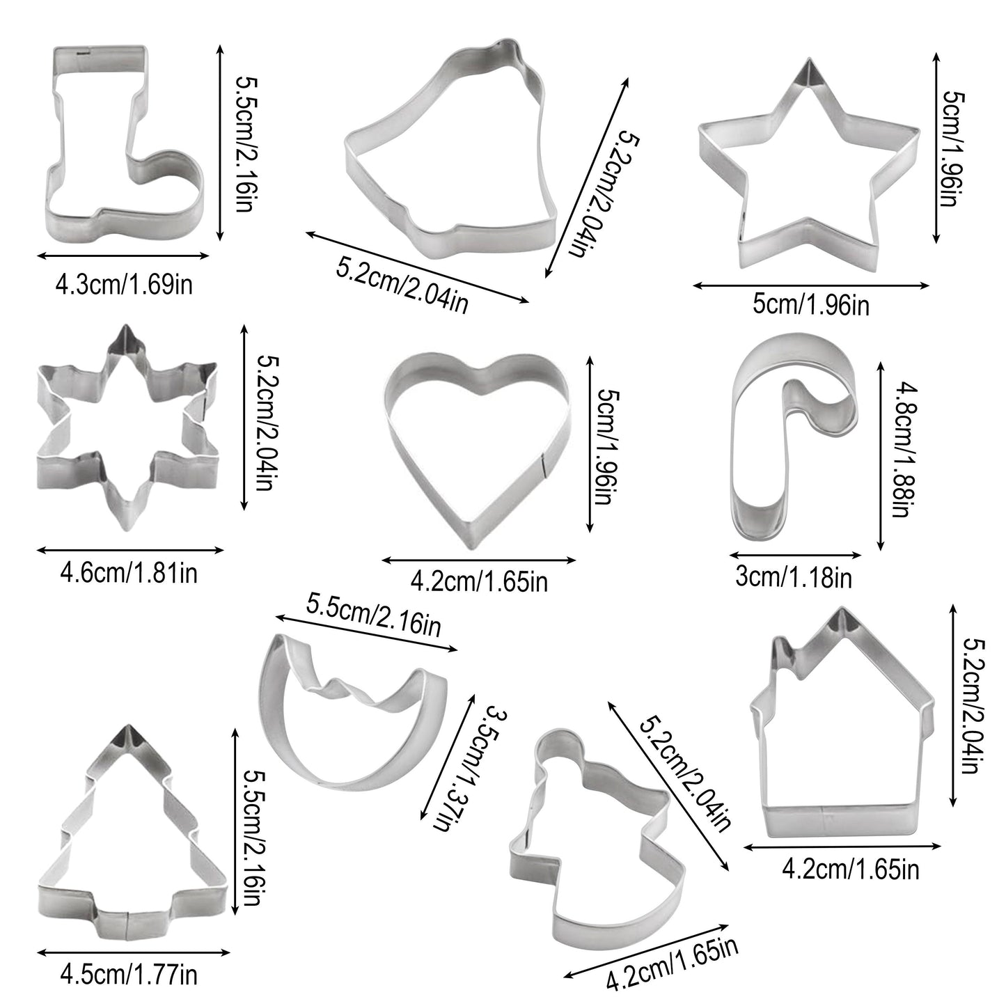 This set of stainless steel cookie cutters and molds has a festive Christmas theme and includes 10 shapes: bell, snowflake, Christmas stocking, crutch, Christmas tree, heart, star, house, moon, and angel.