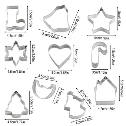 This set of stainless steel cookie cutters and molds has a festive Christmas theme and includes 10 shapes: bell, snowflake, Christmas stocking, crutch, Christmas tree, heart, star, house, moon, and angel.