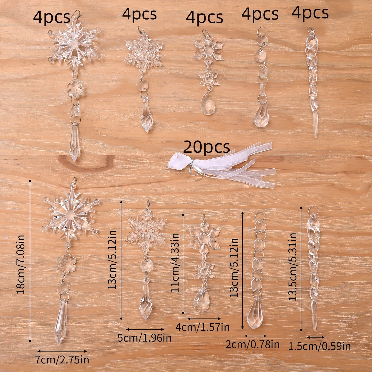 Set of 20 modern acrylic snowflake and icicle ornaments for Christmas tree decoration, perfect for holiday and winter festivities. Festive hanging charms without feathers.