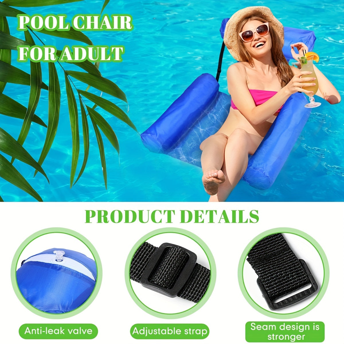 Adults can relax on this durable, vibrant inflatable pool float chair with armrests and head support, perfect for beach, lake, or pool use.