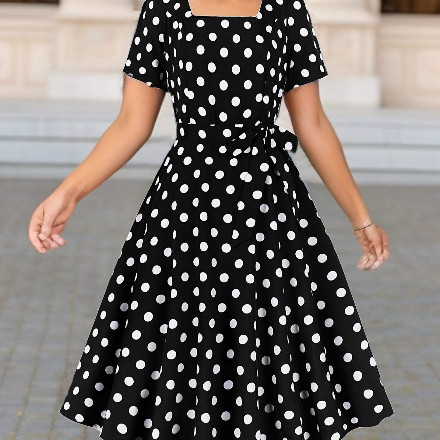 Polka dot print square neck dress with short sleeves and belt, perfect for spring and summer.