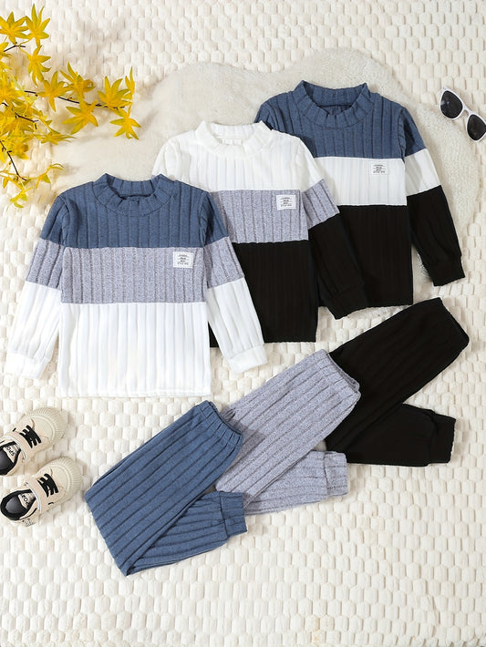 3-piece boys' color block ribbed knit outfit in blue/white/black with soft, stretchy long sleeve tops and casual pants. Machine washable for everyday comfort. Perfect for outdoor activities.