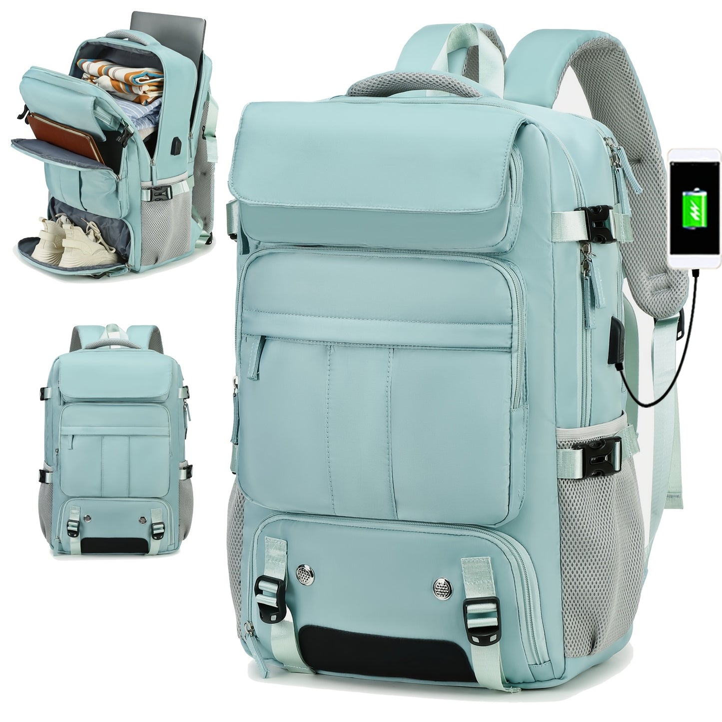 Spacious travel laptop backpack with USB port, shoe compartment, and 15.6-inch laptop sleeve. Suitable for college, business, and school seasons. Made of polyester with adjustable straps