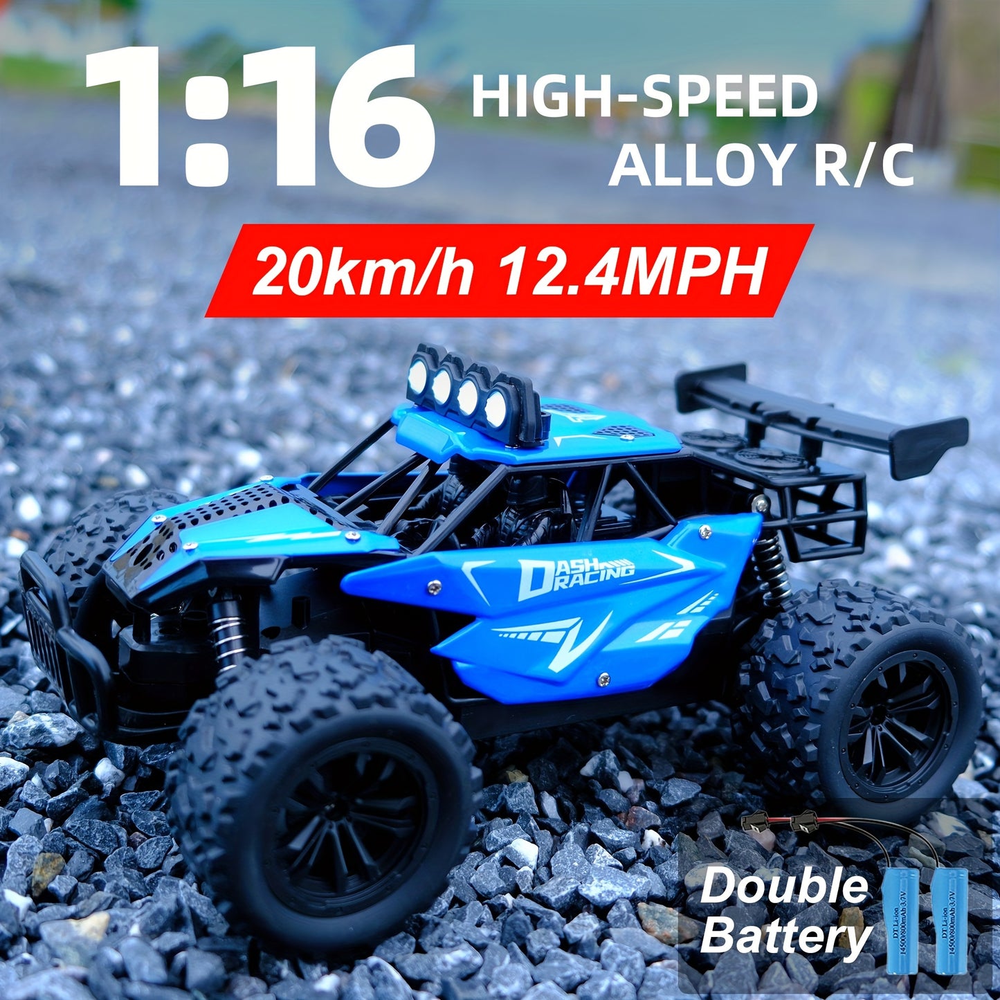 K.K 1:16 Scale High-Speed RC Truck with Alloy Body, Double Battery, and 20 km/h Speed. Includes 2.4G Remote Control in Blue & Black Design. Ideal Gift for Boys and Girls.