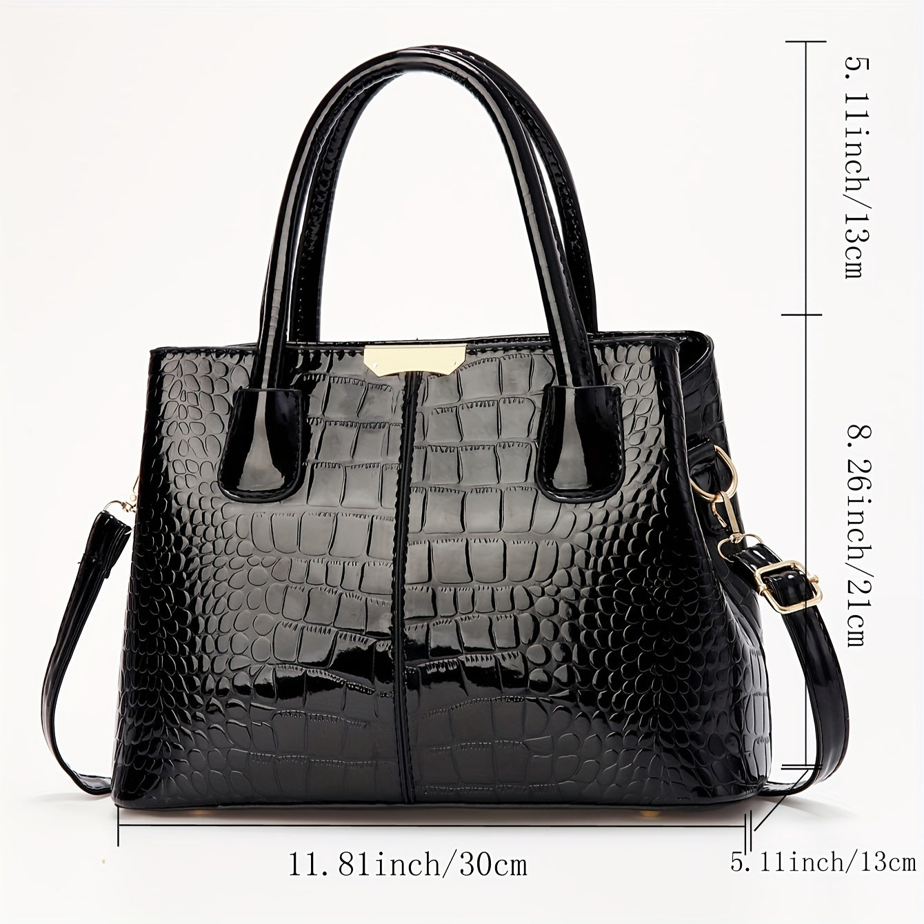 A glossy crocodile pattern handbag perfect for Mother's Day, Easter gatherings, and elegant commuting, with a large capacity and simple design.