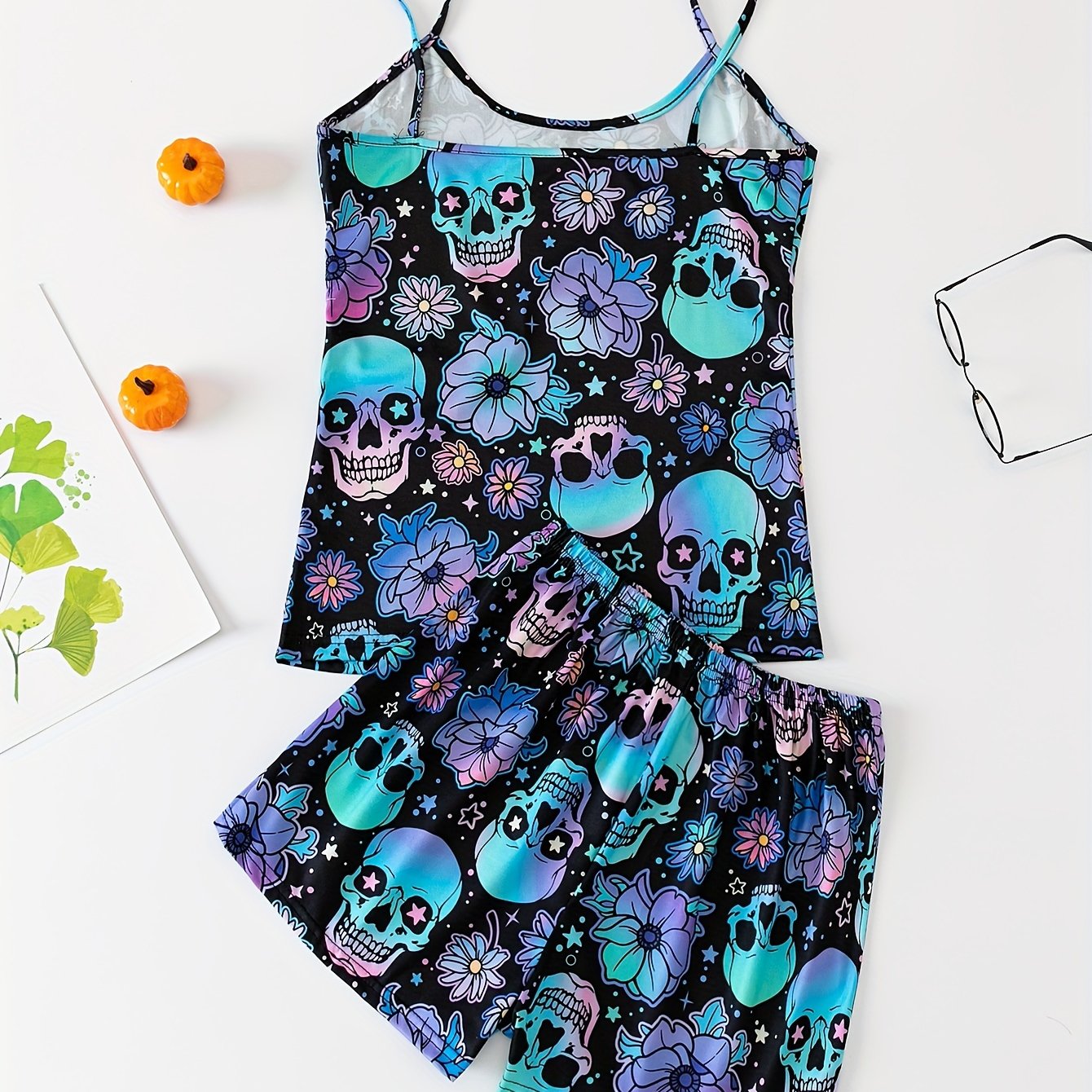 Gothic pajama set with skull and floral print, backless cami top, and elastic shorts for women's sleepwear.