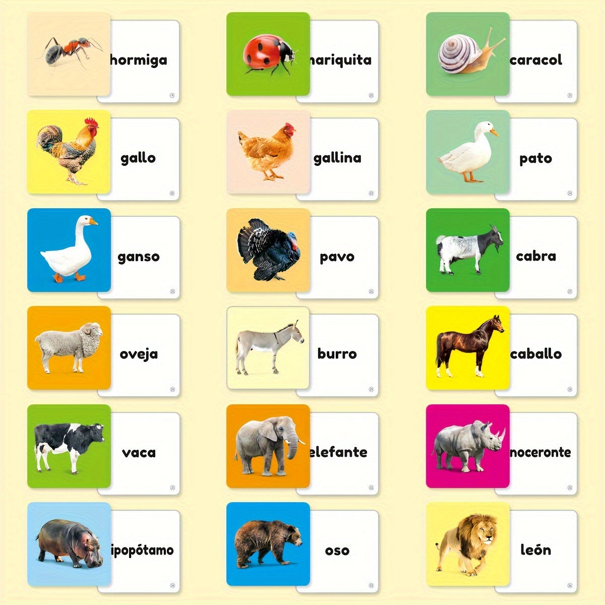 54 Spanish children's animal word learning cards with corresponding image cards, featuring small animals and rounded corners for safety.