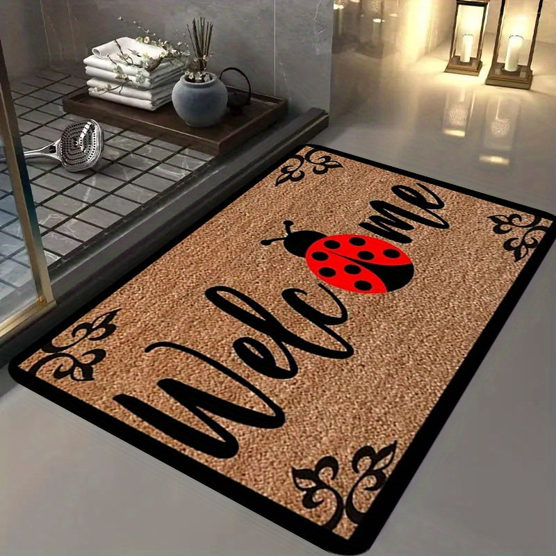 Welcome your guests with the cute Ladybug Print Door Mat, featuring a 1.1cm thickness for non-slip durability. Made from machine washable, stain-resistant polyester fiber, this entryway rug is perfect for the kitchen, living room, foyer, balcony, or