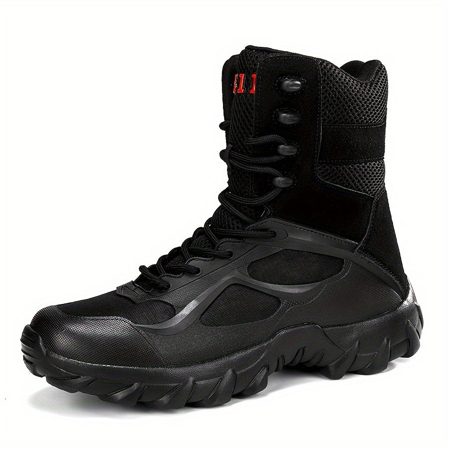 High-top tactical boots for men in beige stripe pattern, featuring a comfortable lace-up design with a non-slip EVA sole. Durable and versatile for outdoor adventures and casual wear