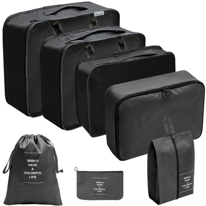 7 lightweight packing cubes for suitcases, ideal for organizing travel items and clothing for men and women.