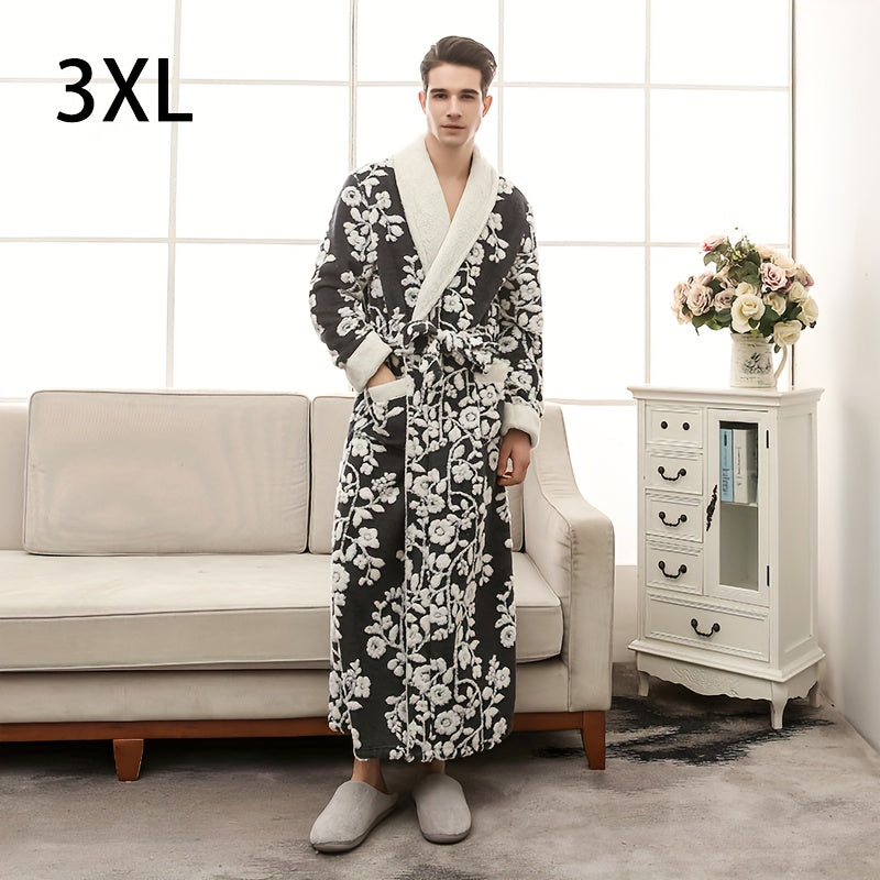 1pc Unisex Thickened Long Bathrobe with Flower Pattern, Ideal for Couples. Ideal for Home and Bathroom use.