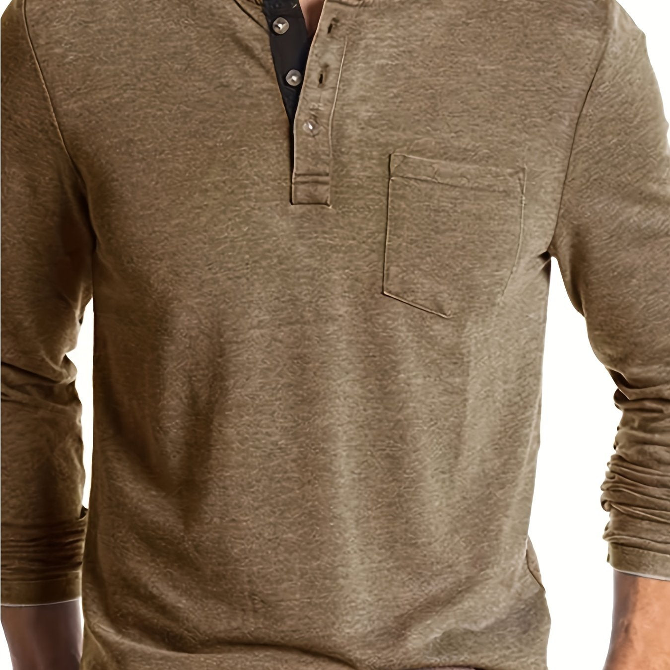 Men's plus size Henley shirt made of a polyester-viscose-spandex blend with a casual polo collar, pocket and slight stretch. Long sleeve slim fit perfect for big and tall adults in spring