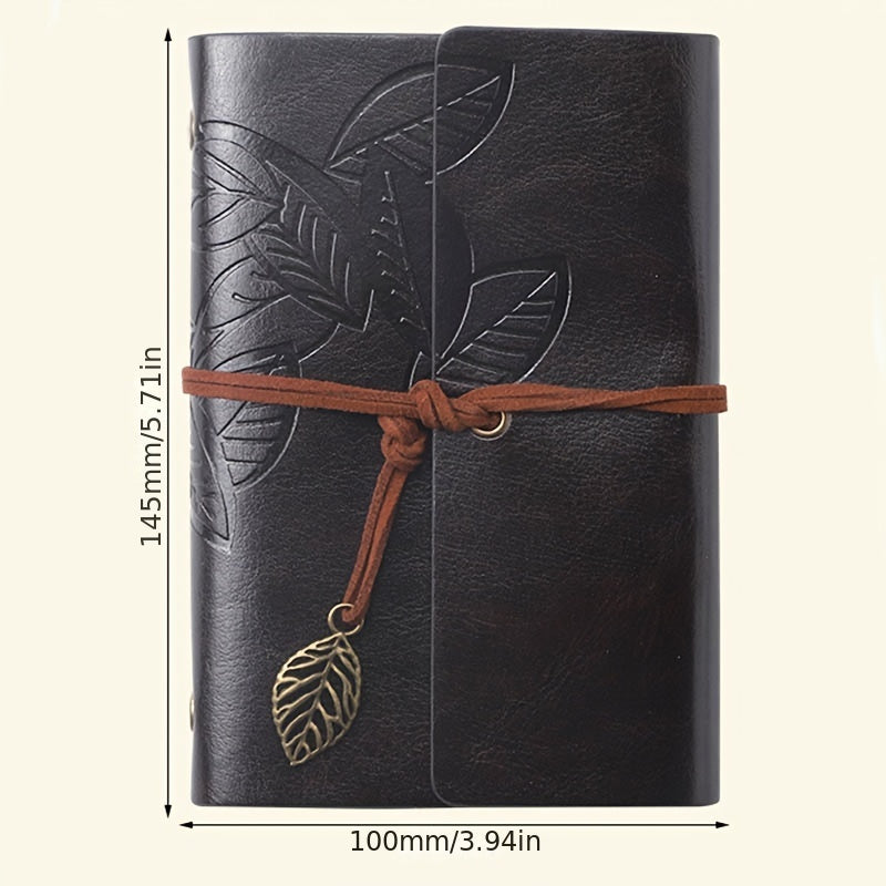 Vintage spiral-bound faux leather notebook with leaf-embossed design and strap closure, available in black, orange, and blue, perfect for students and travelers.