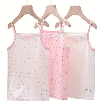 Set of 3 adorable bowknot tank tops for girls, featuring breathable cotton fabric, sleeveless design, and floral print. Ideal for year-round wear.