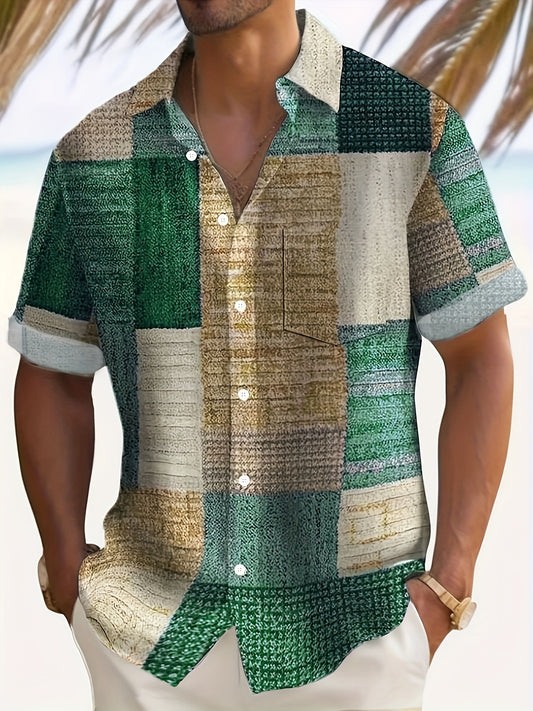 Retro Style Plus Size Men's Shirt with Geometric Print, Short Sleeves - Perfect for Summer