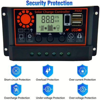 Black Solar Panel Battery Intelligent Regulator with Dual USB Port 12V/24V PWM Auto Parameter Adjustable LCD Display, 1pc 30A Solar Charge Controller