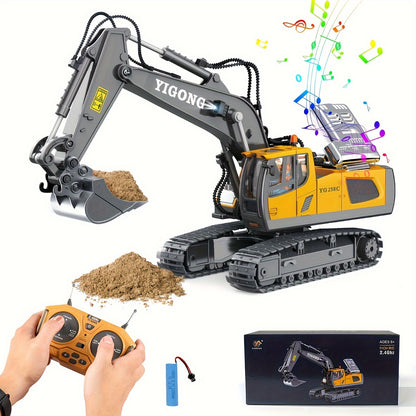 11-channel yellow remote control excavator toy for children aged 6-12. Durable metal construction with sand play capability. Includes rechargeable battery. Perfect outdoor engineering