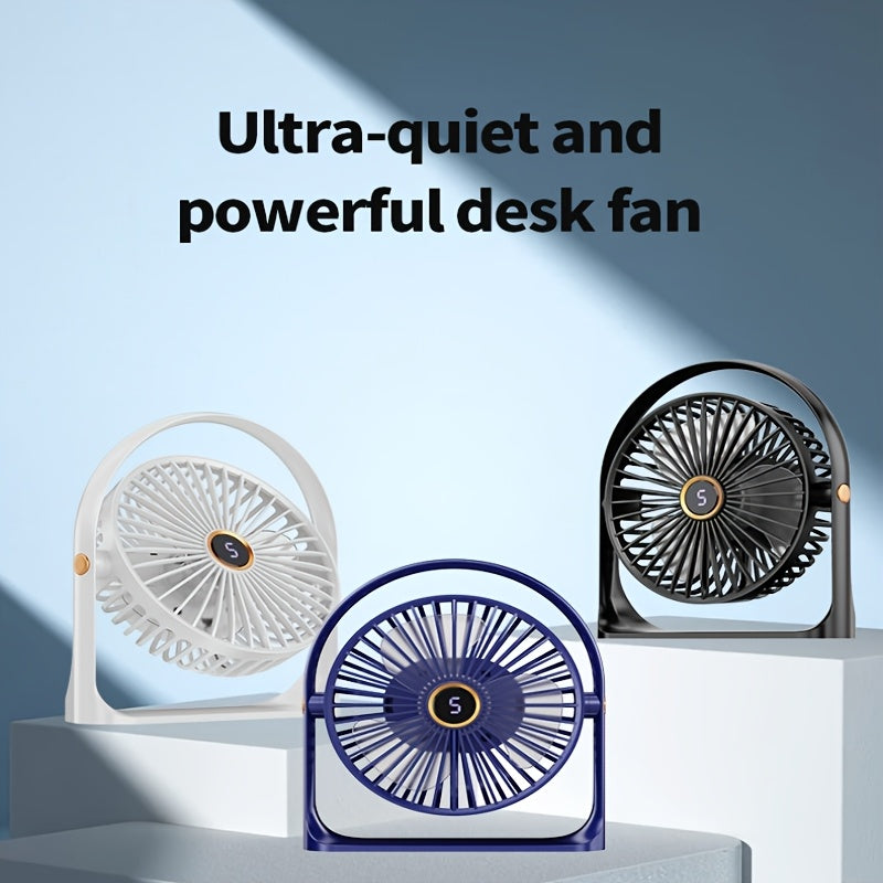 Compact USB powered table fan, 5W handheld rechargeable clip-on personal fan with lithium battery, operates quietly for use in home, office, car, and dorm - made of durable plastic with easy push button control.