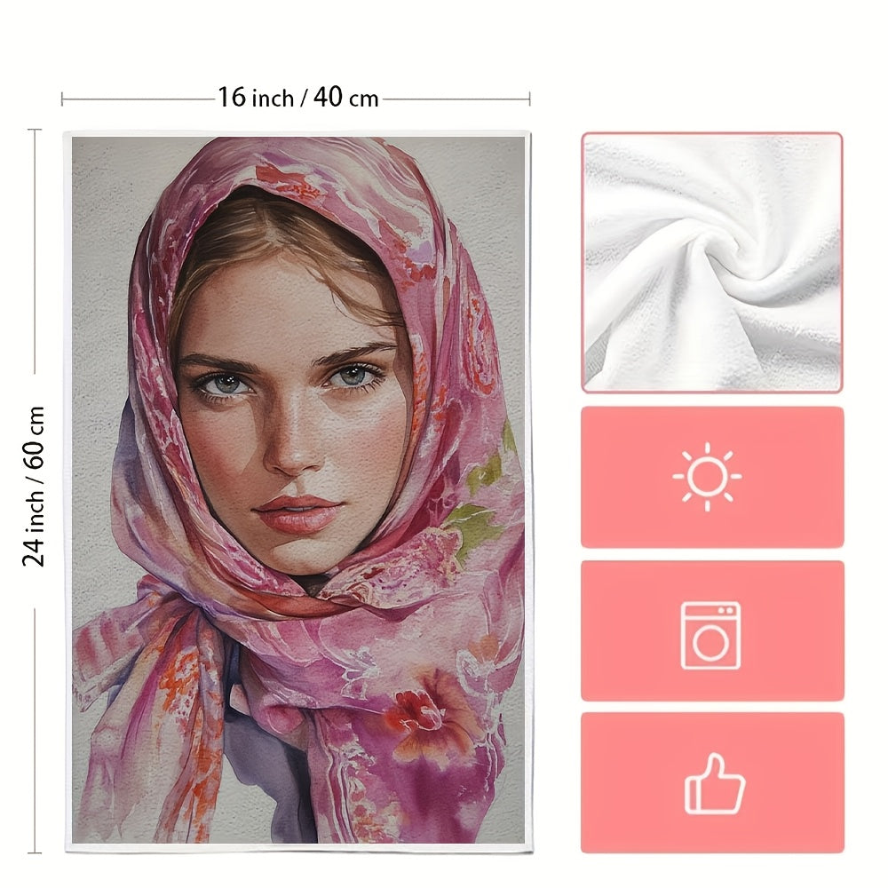 Two pieces of ultra-soft kitchen towels featuring a vibrant floral woman design, with a luxurious silk scarf feel. These towels are highly absorbent, machine washable, and measure 40.64x60.96 cm. Perfect for holiday decor.