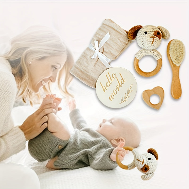 Premium Handcrafted Baby Shower Gift Set - Featuring a Handmade Crochet Dog Rattle, Luxuriously Soft Bamboo & Cotton Towel, Natural Goat Hair Brush, Eco-Friendly Beechwood Heart Toy, and Adorable 'Hello World' Card - Ideal for Children from Infancy to