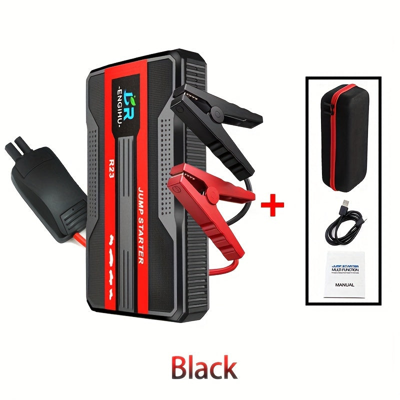 Portable smart start clip car battery booster and power bank starting device for universal 12V car battery jump starting.