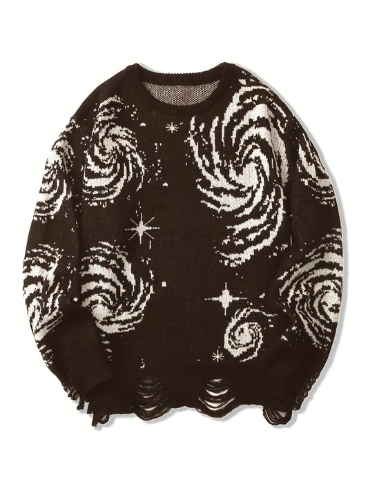 Men's novelty starry graphic print sweater, stylish knit pullover for males in plus size.