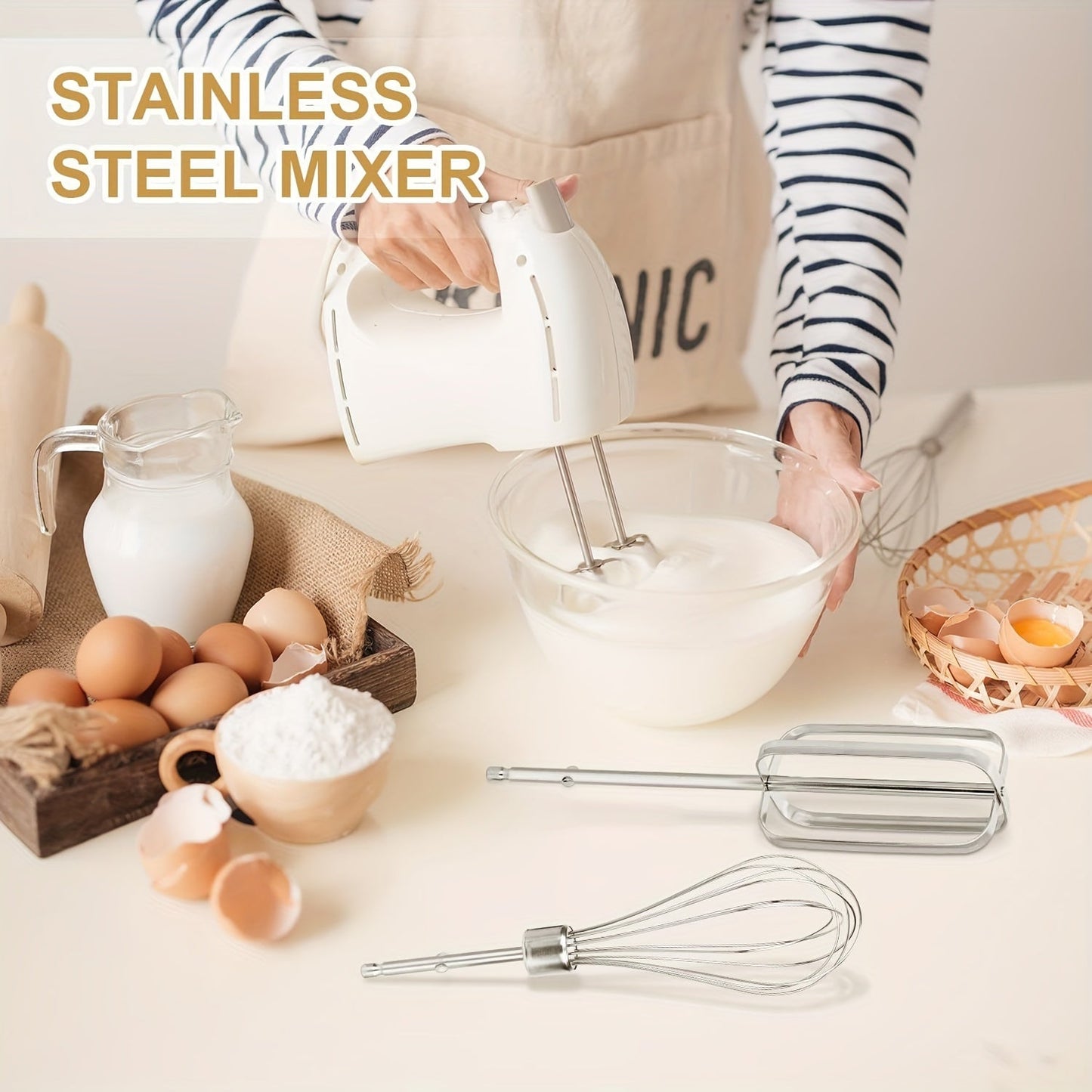 Set of four stainless steel hand mixer attachments - Includes versatile beaters for easy whisking, blending, and baking - Compatible with City Beach mixers.