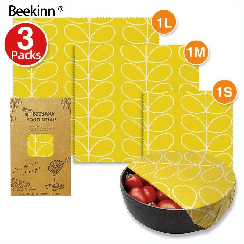 Set of 3 Beeswax Food Wraps, Eco-Friendly Fabric, Hand Washable, Environmentally Friendly, Sustainable Storage Solution for Kitchen