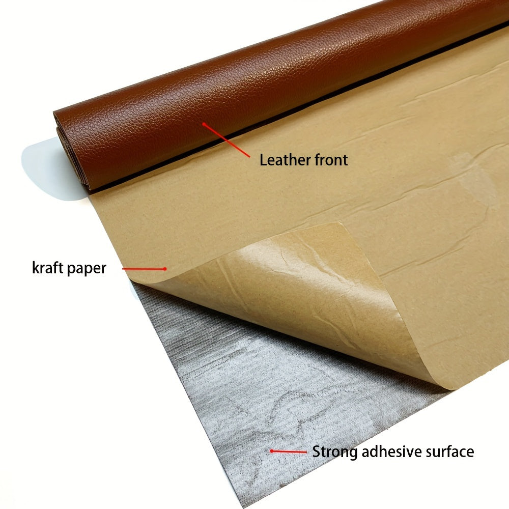 Self-adhesive leather repair patch for sofa seats, car interior doors, couch refurbishment, and headboard renovation. Made from non-fading waterproof artificial leather material.