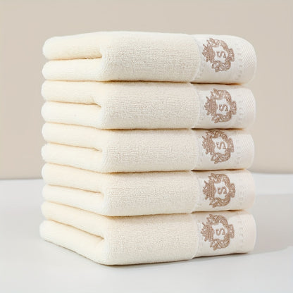 5pc Ultra Soft Cotton Velvet Hand Towels - 34.04x73.66cm, High-Quality & Cooling Comfort for Bathroom, Gym, Travel | Monogram Design in Navy Blue, Light Gray, White, Dark Gray, Light Brown | Multi-Color Options, Bathroom Essentials | Monogrammed Cotton