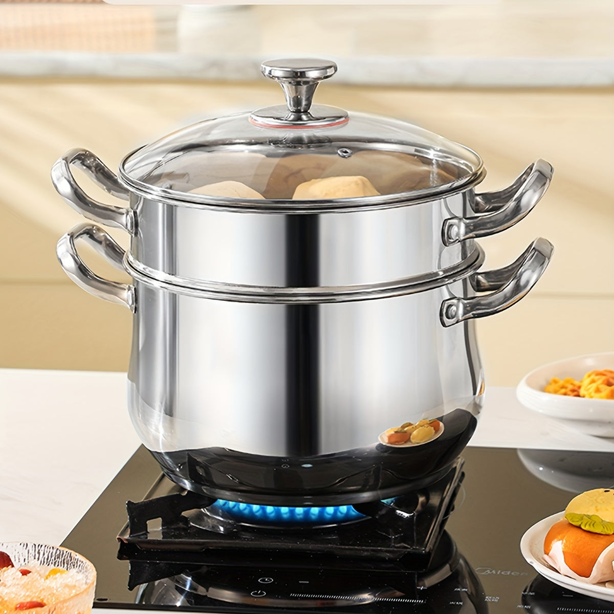 Stainless Steel Double-Layer Steamer Set with 3 Pieces - Perfect for Home, Parties, and Restaurants - Large Capacity, Dual Handles, Deep Soup Pot, and Dishwasher Safe