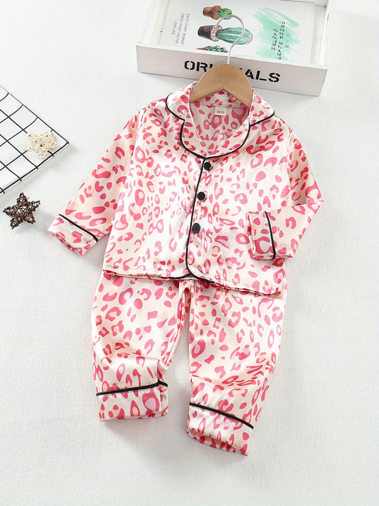 Toddler girls 2-piece pajama sets with leopard print, front buckle, long sleeves, for spring and autumn.