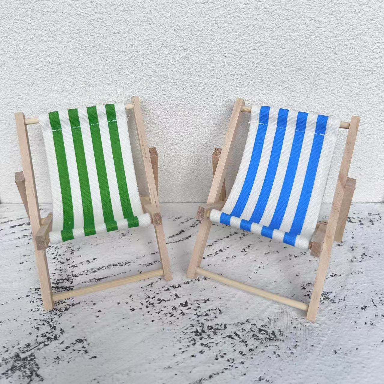 Set of 2 Mini Foldable Beach Chairs - Coastal Wooden and Fabric Design, Ideal for Wedding Decor, Desktop Decoration, Phone Holder, and Photography Prop