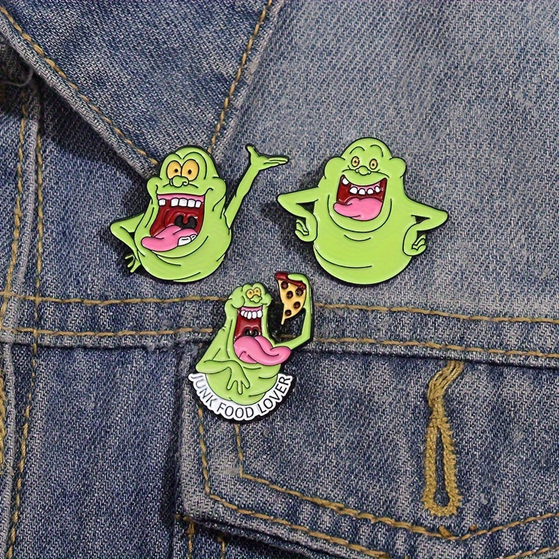 Set of 4 Cartoon Badges featuring Adorable Green Monsters - Made of Alloy, Cute Cartoon Design, Animal-Shaped Jewelry Brooches for Fashionable Friends and Family. Perfect for Holiday Clothing Accessories.