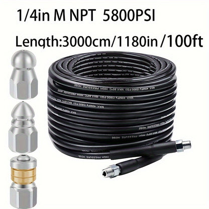 1 Set Sewer Jetter Kit for Pressure Washer Drain, 5800PSI Hose with 3pcs 5000PSI Sewer Jetter Nozzle.