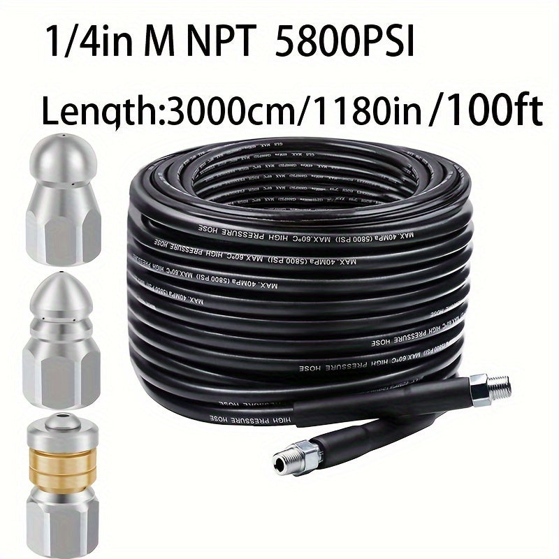 1 Set Sewer Jetter Kit with 5800PSI Cleaner Hose and 3 Pack 5000PSI Nozzles for Pressure Washer Drain.