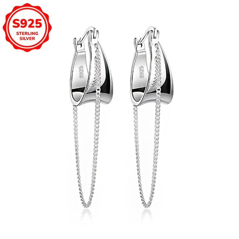 Stylish geometric buckle earrings paired with long braided earrings, perfect for fashion-forward women. Available in a sleek silvery color, weighing 6.5g or 0.23oz.