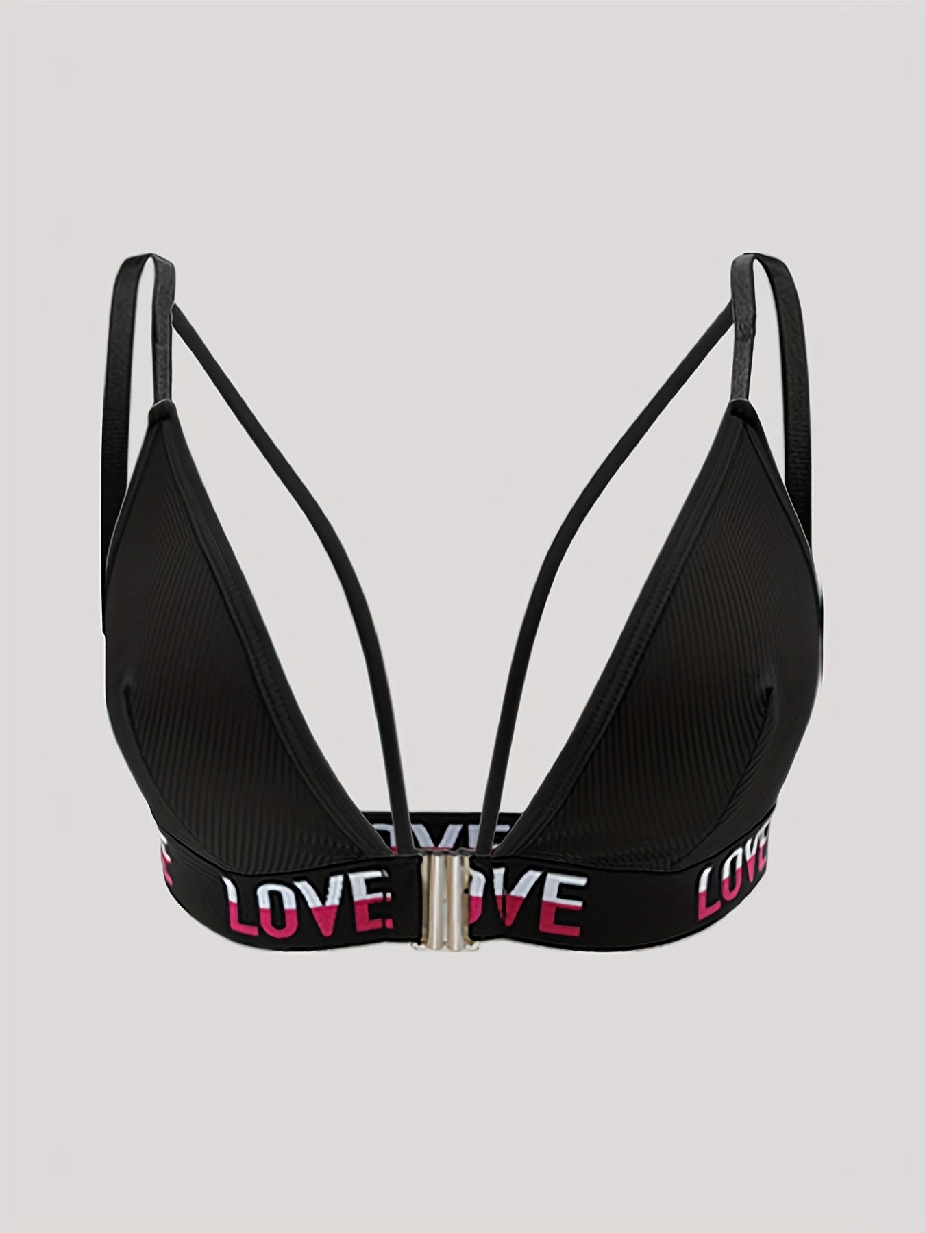 Women's black push-up bra with front closure, high support, and letter detailing. Made of soft polyester and elastane, hand wash only.