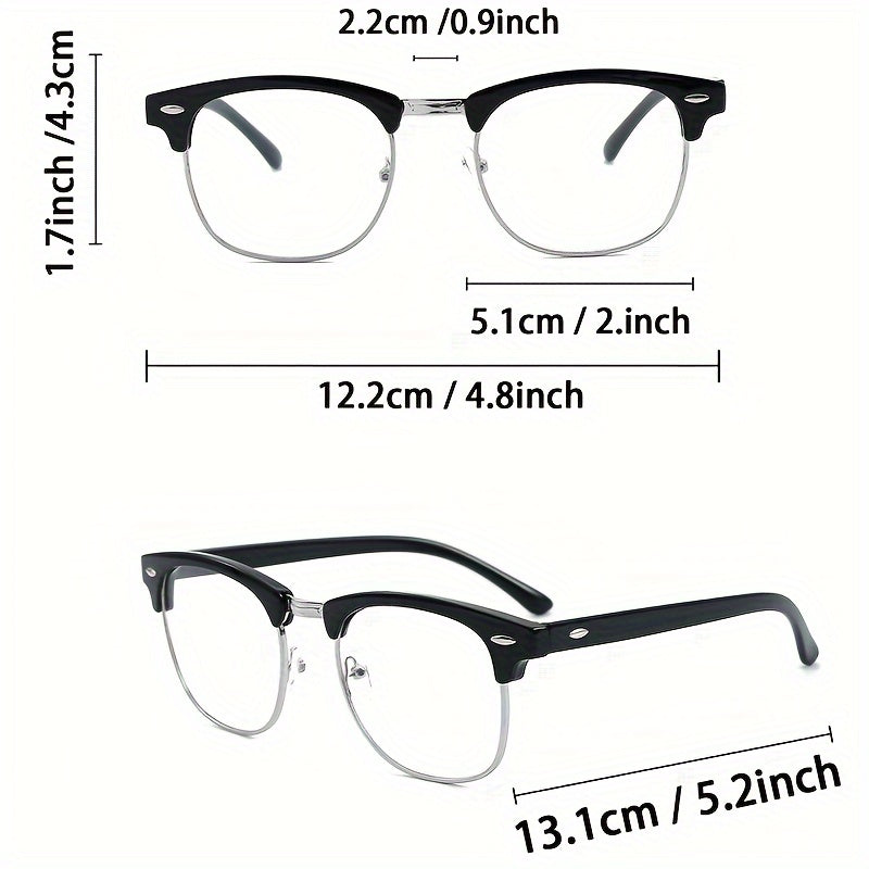 Men's classic fashion glasses in black semi-rimless style with TAC lenses, casual design, metallic accents, suitable for everyday use and stylish frame with comfortable fit.