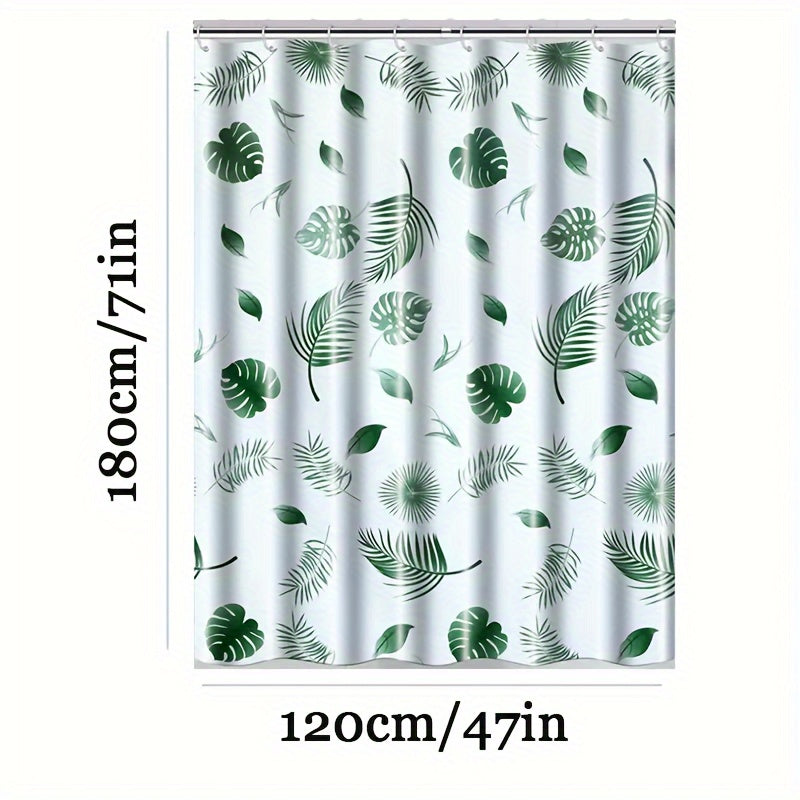 Tropical leaf bath liner made of water-resistant polyethylene, featuring a leaf pattern. Includes easy-hang white plastic hooks for all-season bathroom decor.