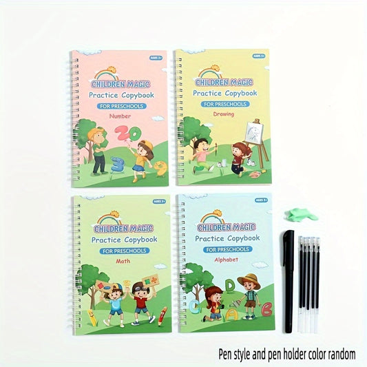 Preschool Magic Practice Books: Math and Alphabet, Ages 3-8, Includes 4 Books, Pen, Refills, Holder; Educational Writing Aid for Kids