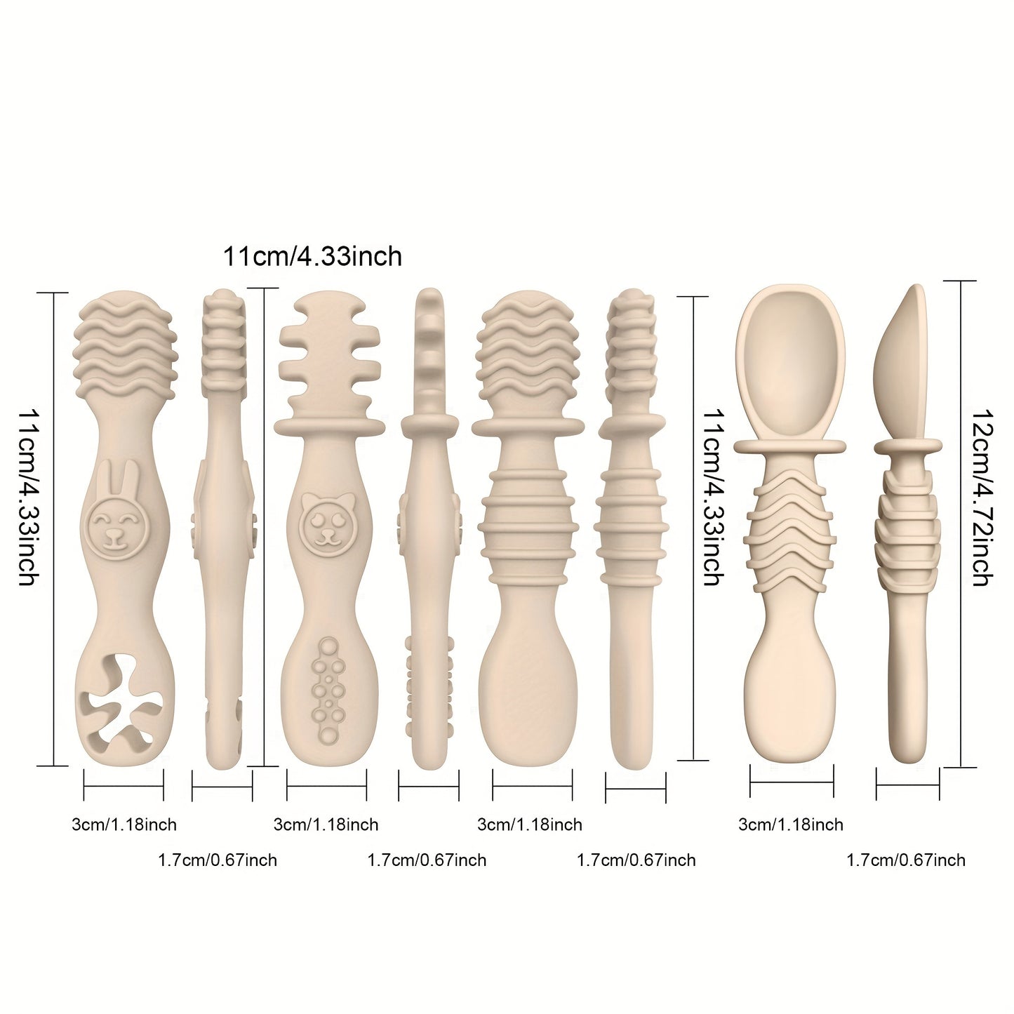 4-piece silicone spoon set for children 6+ months, chewable and soft-tipped, BPA-free and dishwasher safe