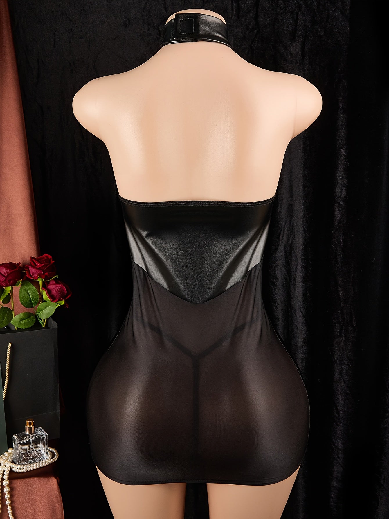 Seductive see-through nightgown, tight dress, and mesh bodysuit lingerie set.