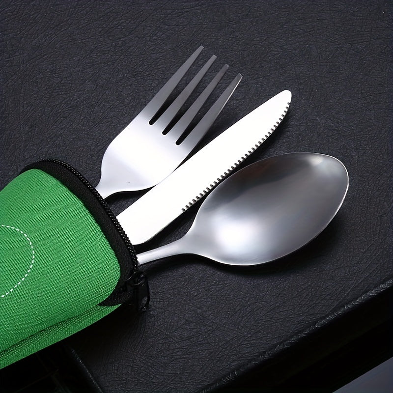 3-piece stainless steel camping cutlery set with portable bag