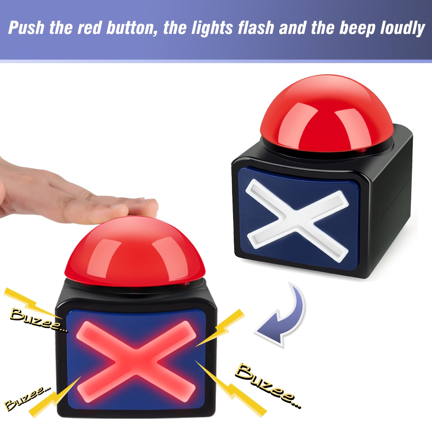 Black and red light-up buzzer for trivia games, perfect for family quiz night and classroom activities. Made of durable plastic.