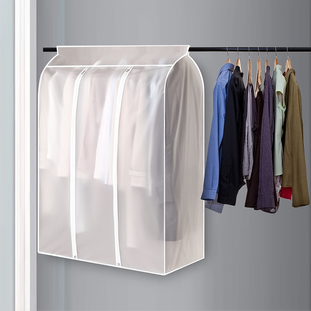 Protect your clothes with this lightweight, translucent garment cover. It is dustproof and waterproof, featuring a full zipper, magic tape, and strap for coats, dresses, and windbreakers. Dimensions are 59.99x50.01x119.99 cm.