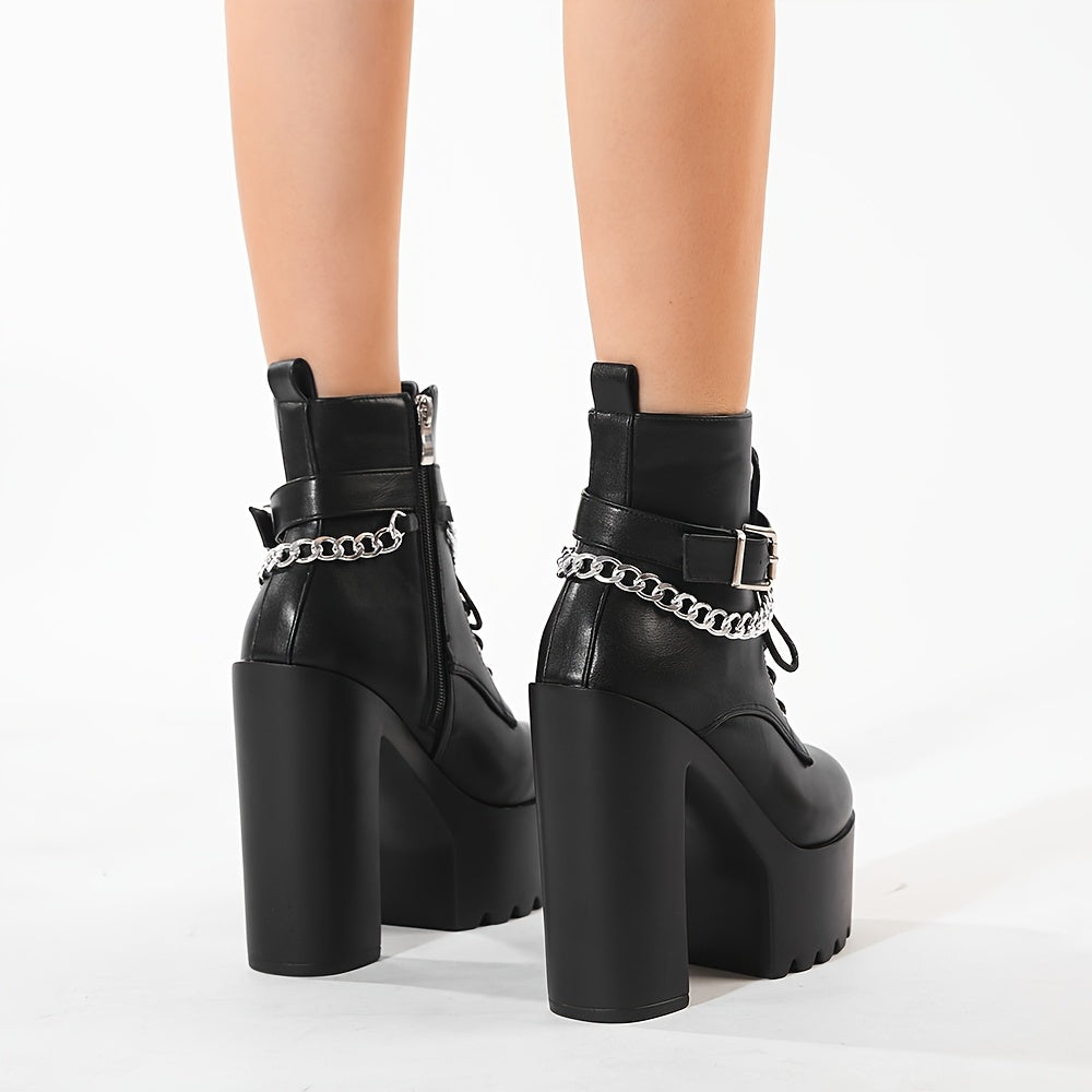 Women's stylish ankle boots with chain decor, block heel, lace-up, and side zipper.